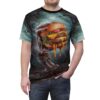 A person wearing a t-shirt with a dark, gothic forest background featuring a gnarled, skeletal hand holding a large, dripping cheeseburger.