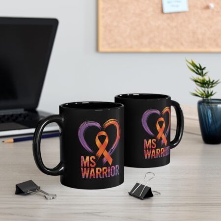 Black ceramic mug with vibrant heart design and "MS WARRIOR" text.