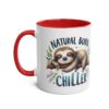 White ceramic mug with red interior and handle, featuring a sleepy sloth on a branch with text.