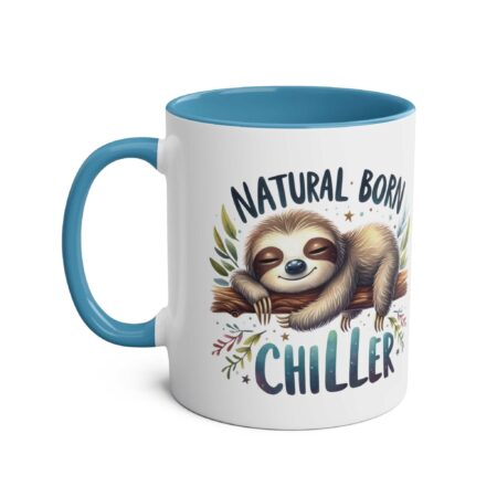 White ceramic mug with a blue handle and rim, featuring a sloth illustration and text.
