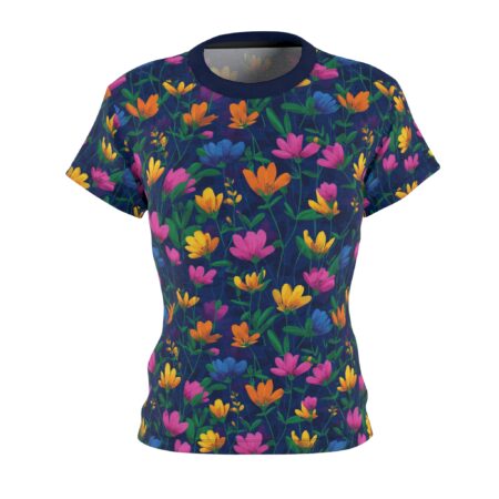 Navy blue all over print t-shirt with a vibrant, seamless pattern of colorful flowers in pink, orange, yellow, and blue.