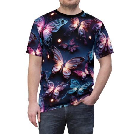 Neon butterfly all over print sublimation tee with glowing pink and blue wings on a dark background.