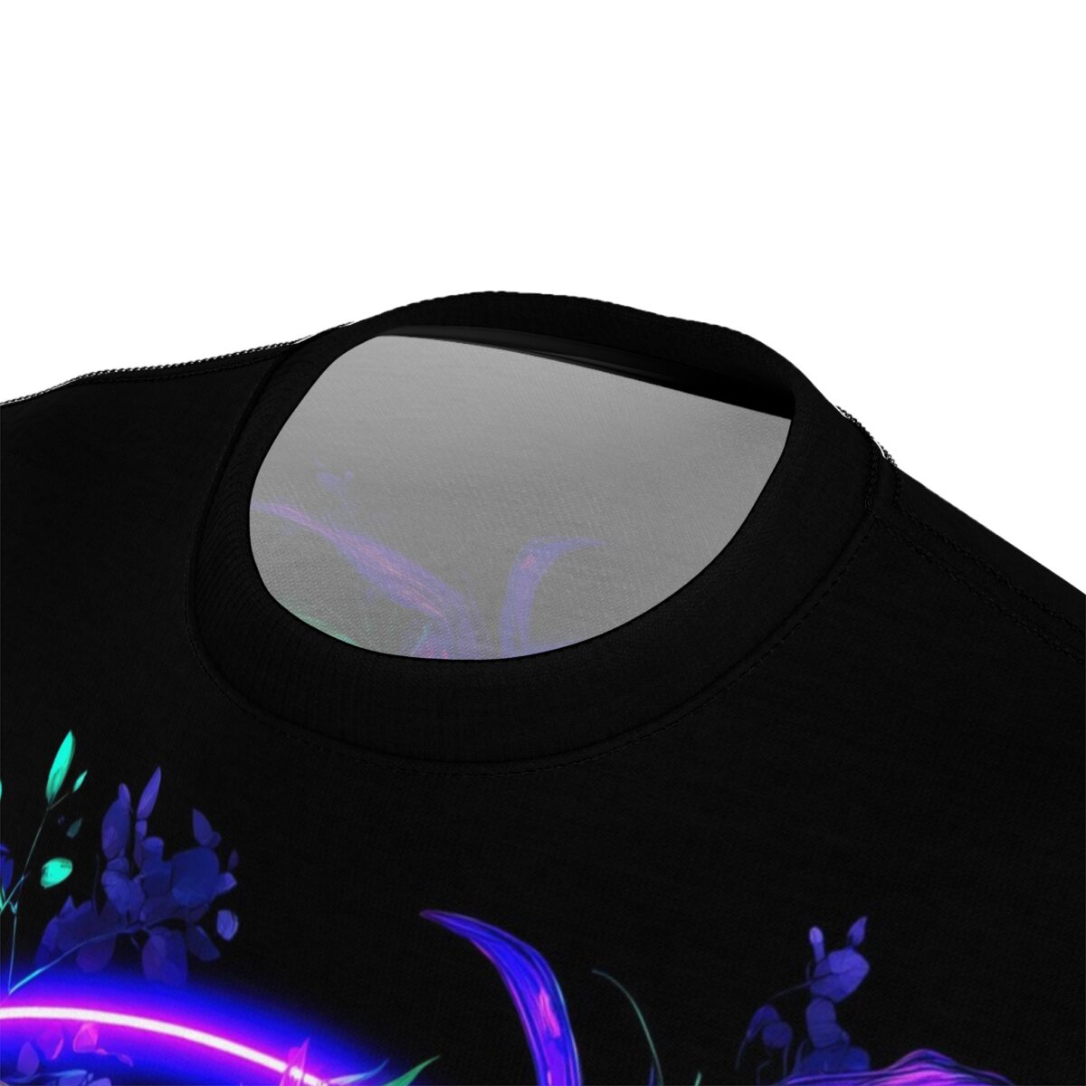 Neon purple and blue glowing floral elements and abstract shapes cover this seamless pattern tee, with hints of a dinosaur skull design.