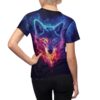 Dark blue all over print t-shirt, vibrant neon flame wolf graphic, electric blue eyes, seamless sublimation wrap around design, cyber grunge aesthetic.
