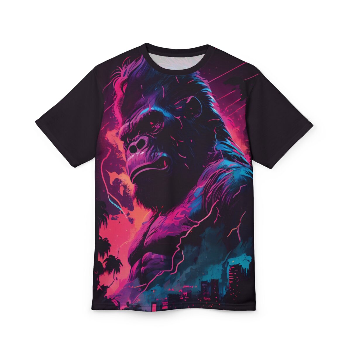 A black t-shirt with a vibrant, neon-style graphic of a gorilla's head and shoulders in the foreground, set against a backdrop of a cityscape with palm trees and pink and blue lightning.