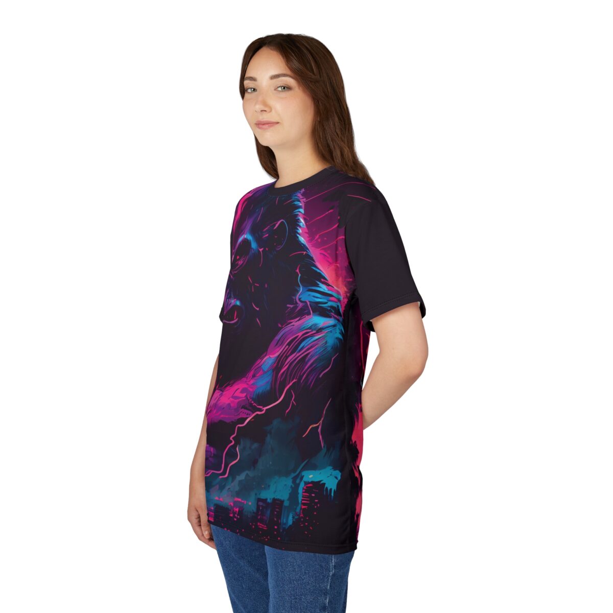 Vibrant neon pink and electric blue streaks and a fierce gorilla graphic cover this oversized full print tee, with a stylized city skyline in the background.