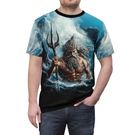 Deep blues, whites, and grays cover this 3D graphic t-shirt, depicting Poseidon emerging from crashing waves with his trident.