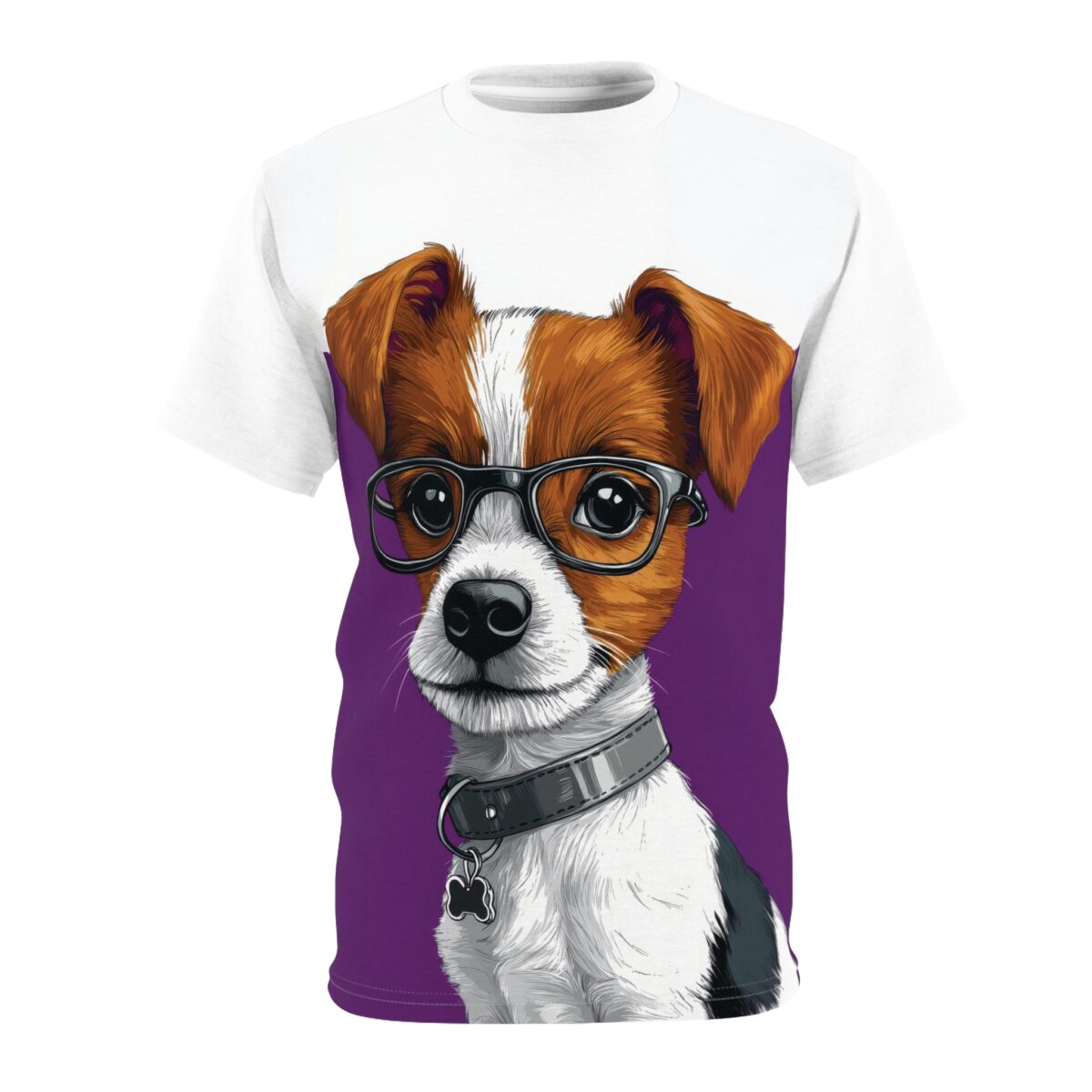 A detailed drawing of a dog wearing glasses and a collar covers this seamless pattern tee, on a vibrant purple background.