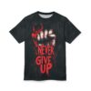 Dark t-shirt featuring a striking graphic of a clenched fist with red splatters and the bold text 'NEVER GIVE UP'.
