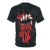 A black distressed t-shirt featuring a red graphic of a clenched fist and the text 