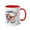 White ceramic mug with a red interior and handle, featuring a cute sloth in a hammock with "NOPE NOT TODAY" text.