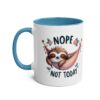White ceramic mug with a blue handle and rim, featuring a sloth in a hammock and the text "NOPE NOT TODAY".