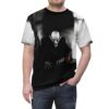 Black and white splashes, textures, and a menacing Nosferatu with red eyes cover this graphic streetwear tee.