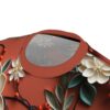 Cream and beige quilled flowers with red berries and teal leaves cover this full print shirt, set against a rust-orange background.