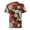Cream-colored flowers with red centers and red berries on a rust-colored background, depicted as a full print tee.