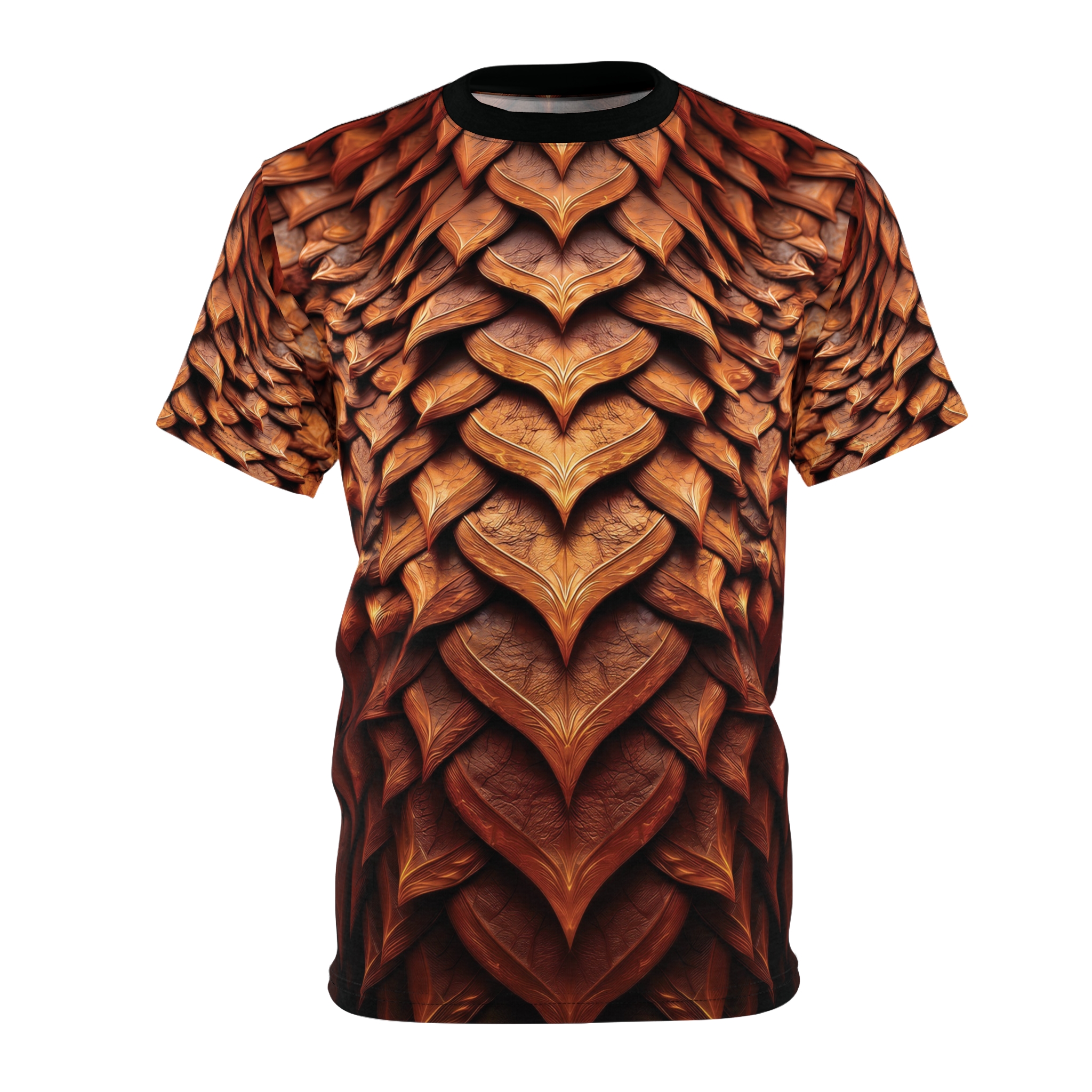 Gold and yellow dragon scales with organic leaf texture cover this full print shirt in a fantasy vibe.