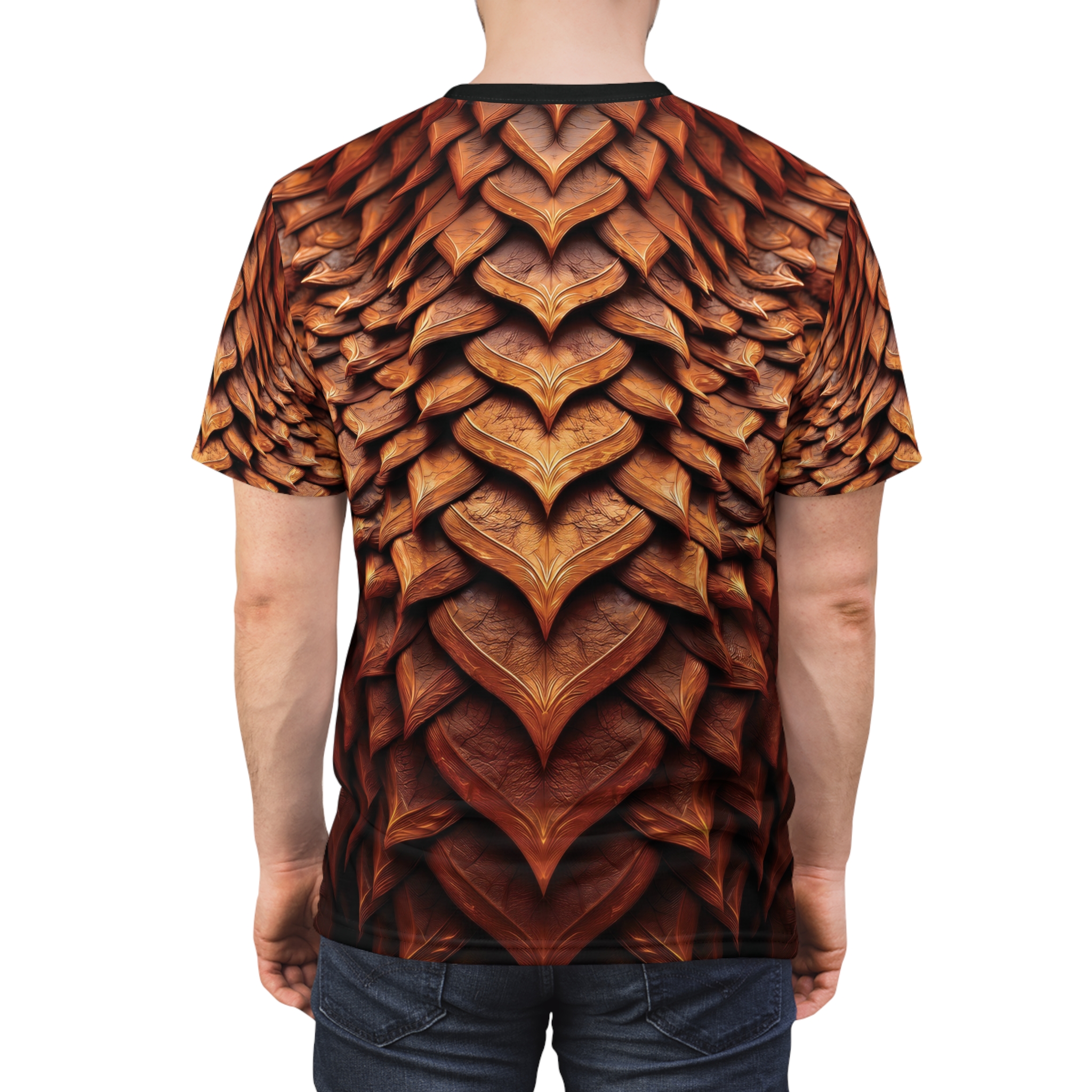 Golden-yellow organic dragon scale textures cover this 3D graphic t-shirt with a fantasy vibe.