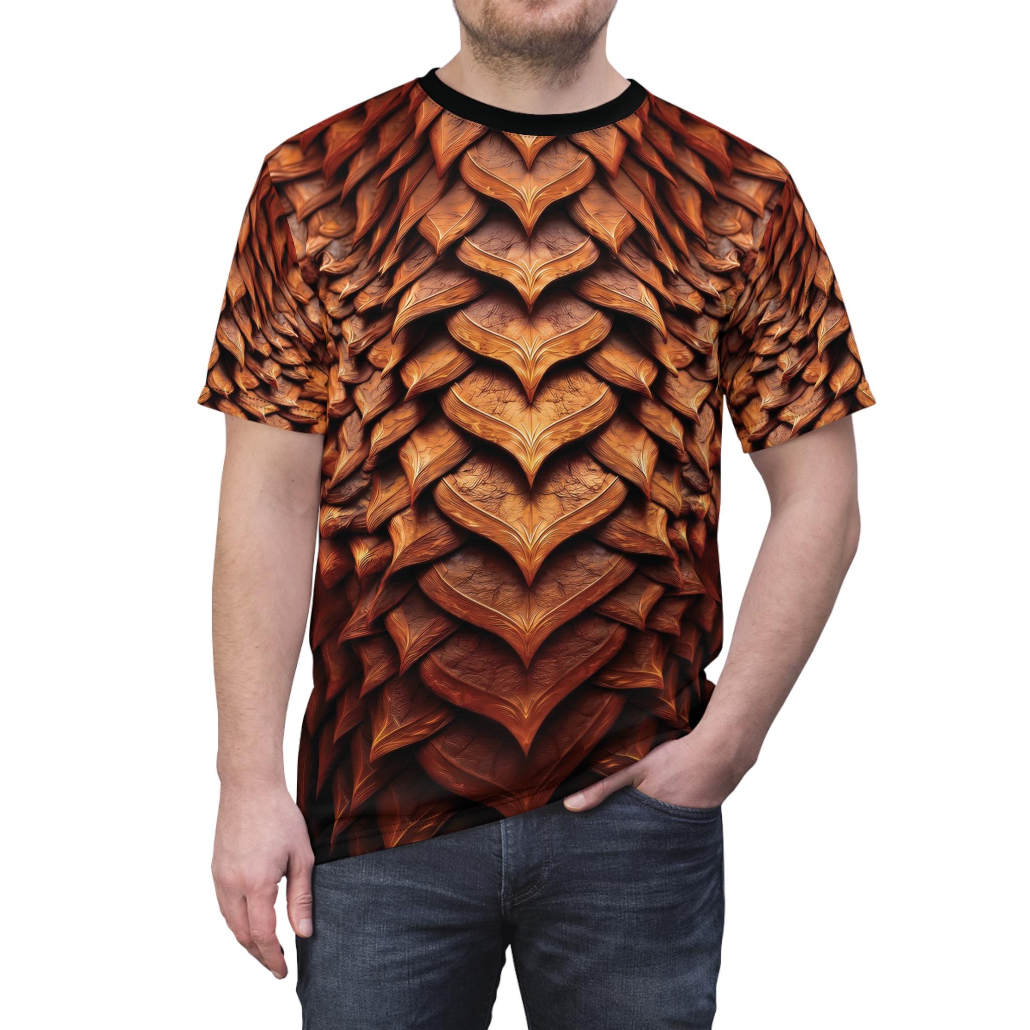 Organic dragon-scale texture in gold and yellow covers this sublimation graphic tee with a fantasy vibe.