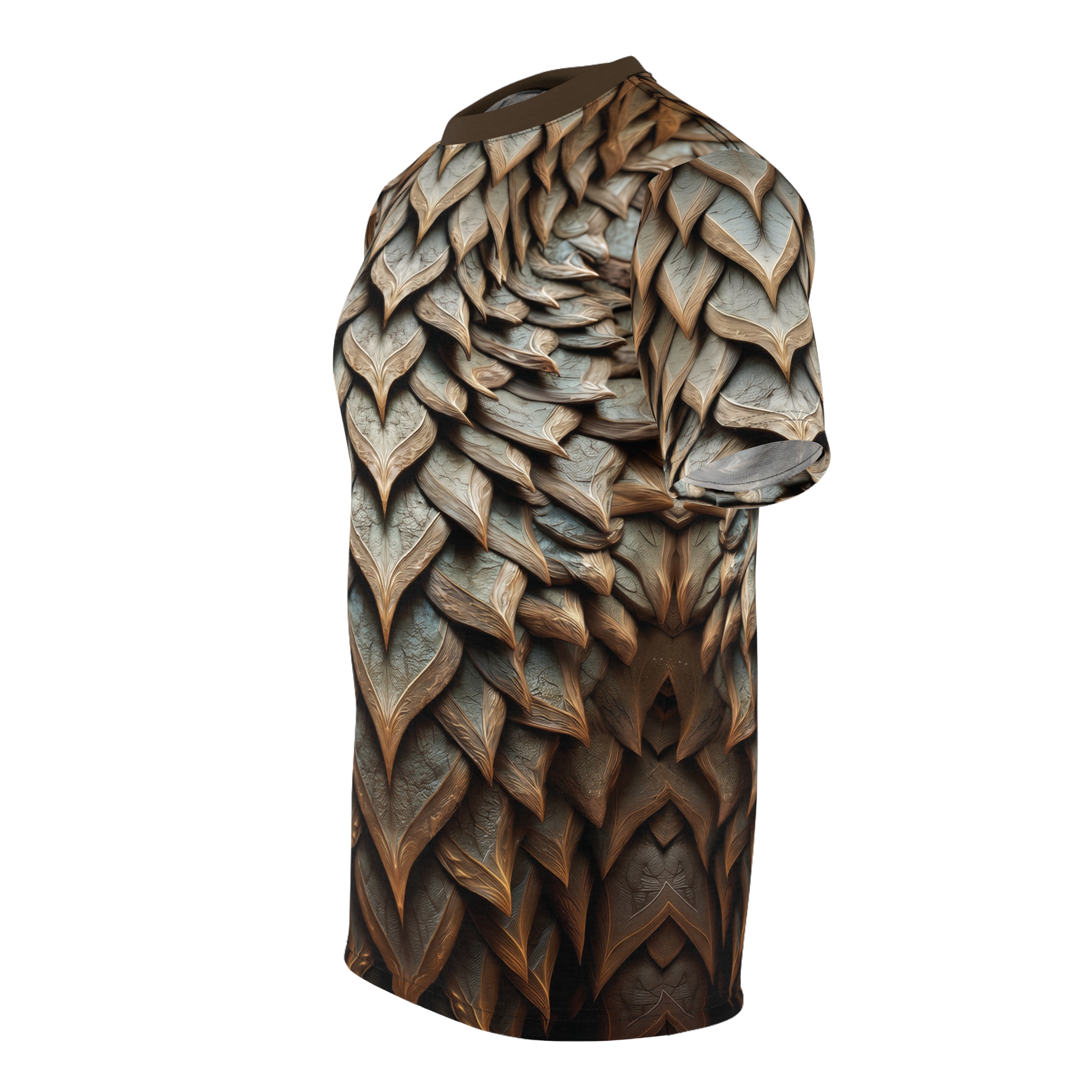 Bronze and sage dragon-scale leaf textures cover this seamless pattern tee with a flowing, organic design.