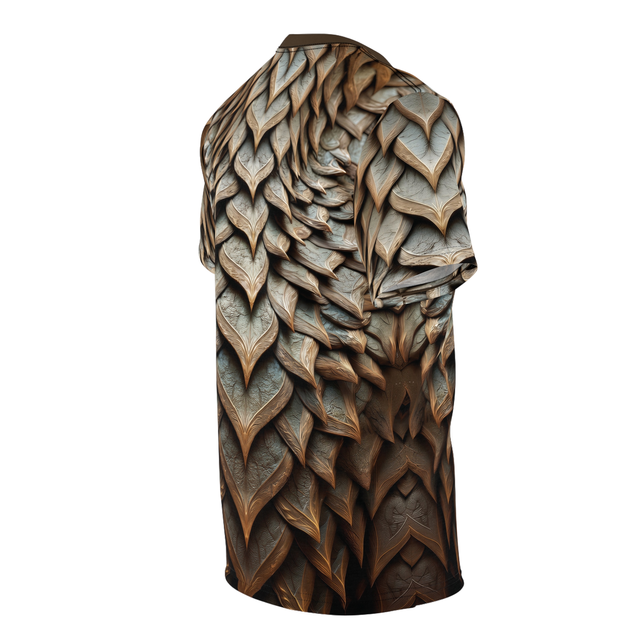 Bronze and sage dragon-scale leaf textures cover this oversized full print tee with a textured, layered look.