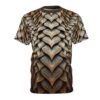 Bronze and sage organic dragon-scale leaf textures cover this seamless pattern tee with a layered, armored look.