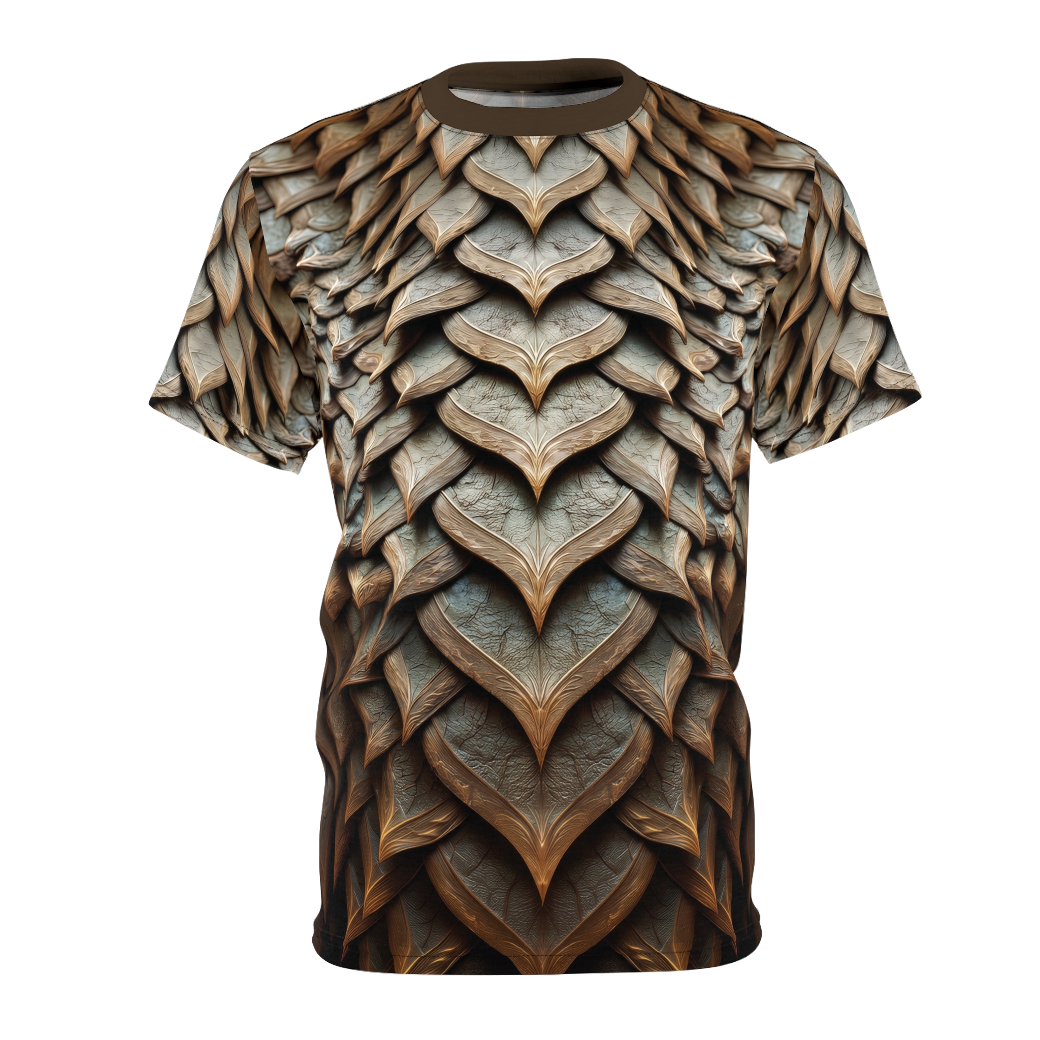 Bronze and sage organic dragon-scale leaf textures cover this seamless pattern tee with a layered, armored look.