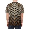 Bronze and sage dragon-scale leaf textures cover this all over print t-shirt with intricate layering.