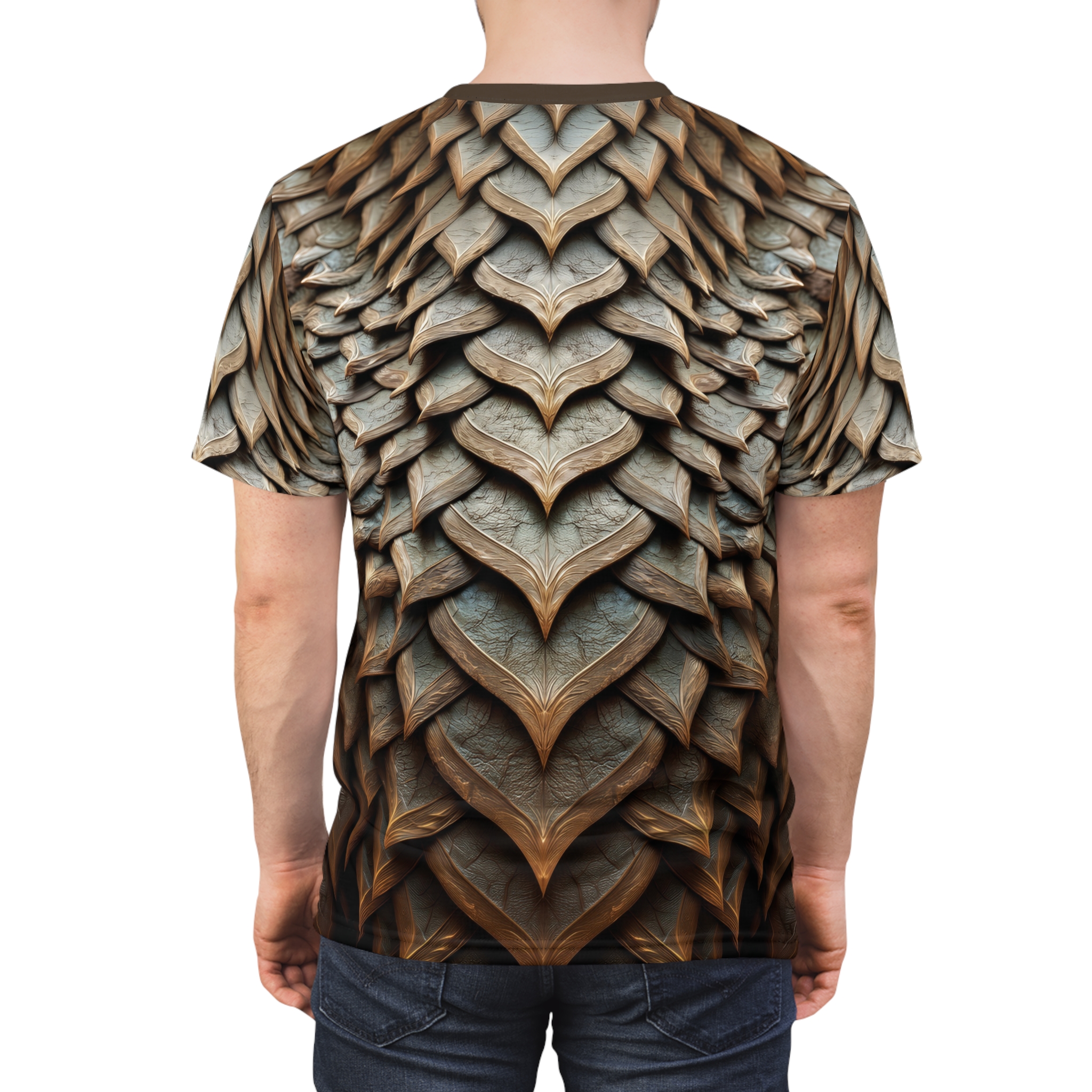 Bronze and sage dragon-scale leaf textures cover this all over print t-shirt with intricate layering.
