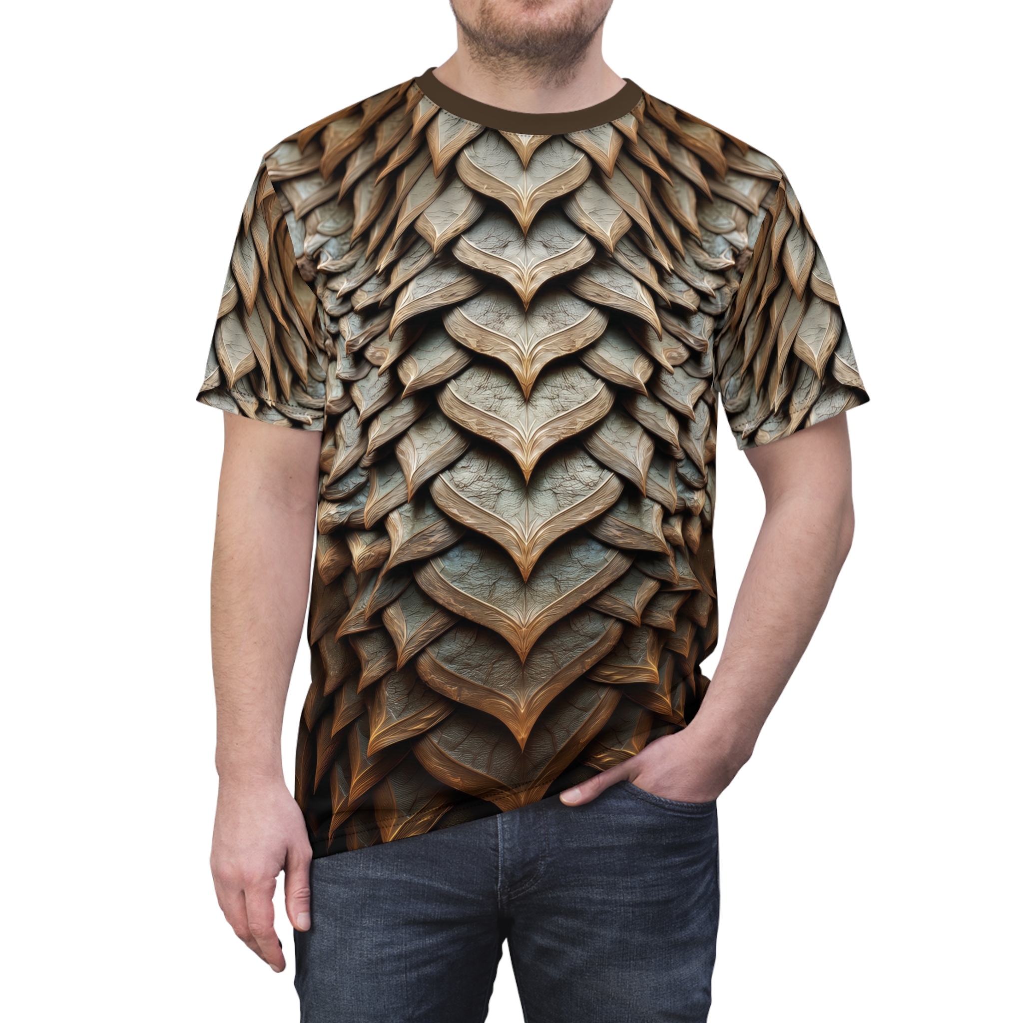 Bronze and sage dragon-scale leaf textures cover this sublimation graphic tee with a textured, layered look.