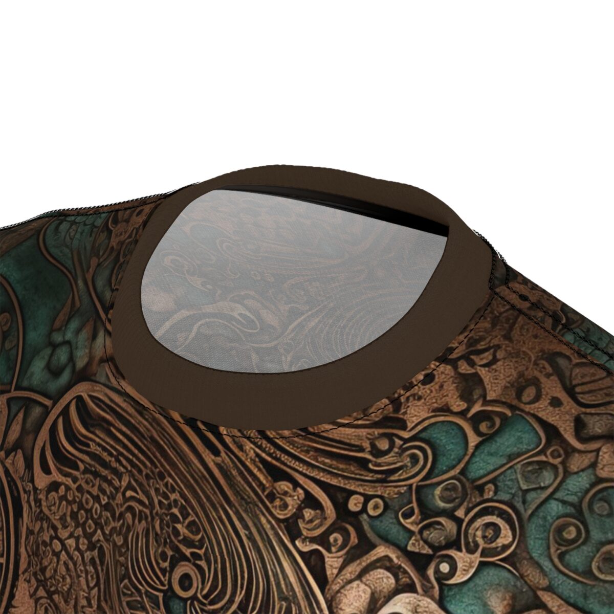 Bronze metallic swirls, dark teal intricate patterns, seamless print, wrap around graphic, vintage aesthetic.
