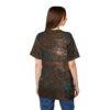 All over print t-shirt, steampunk aesthetic, seamless wrap around graphic, intricate bronze scrollwork, teal patina accents, dark brown base.