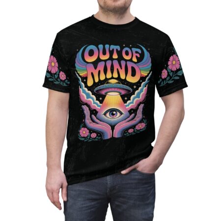 All over print sublimation tee featuring a trippy 'Out of Mind' UFO graphic with an all-seeing eye and rainbow wings.