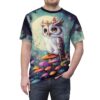 Enchanted forest all over print sublimation tee, featuring a cute owl perched on mushrooms under a large moon with colorful flowers.