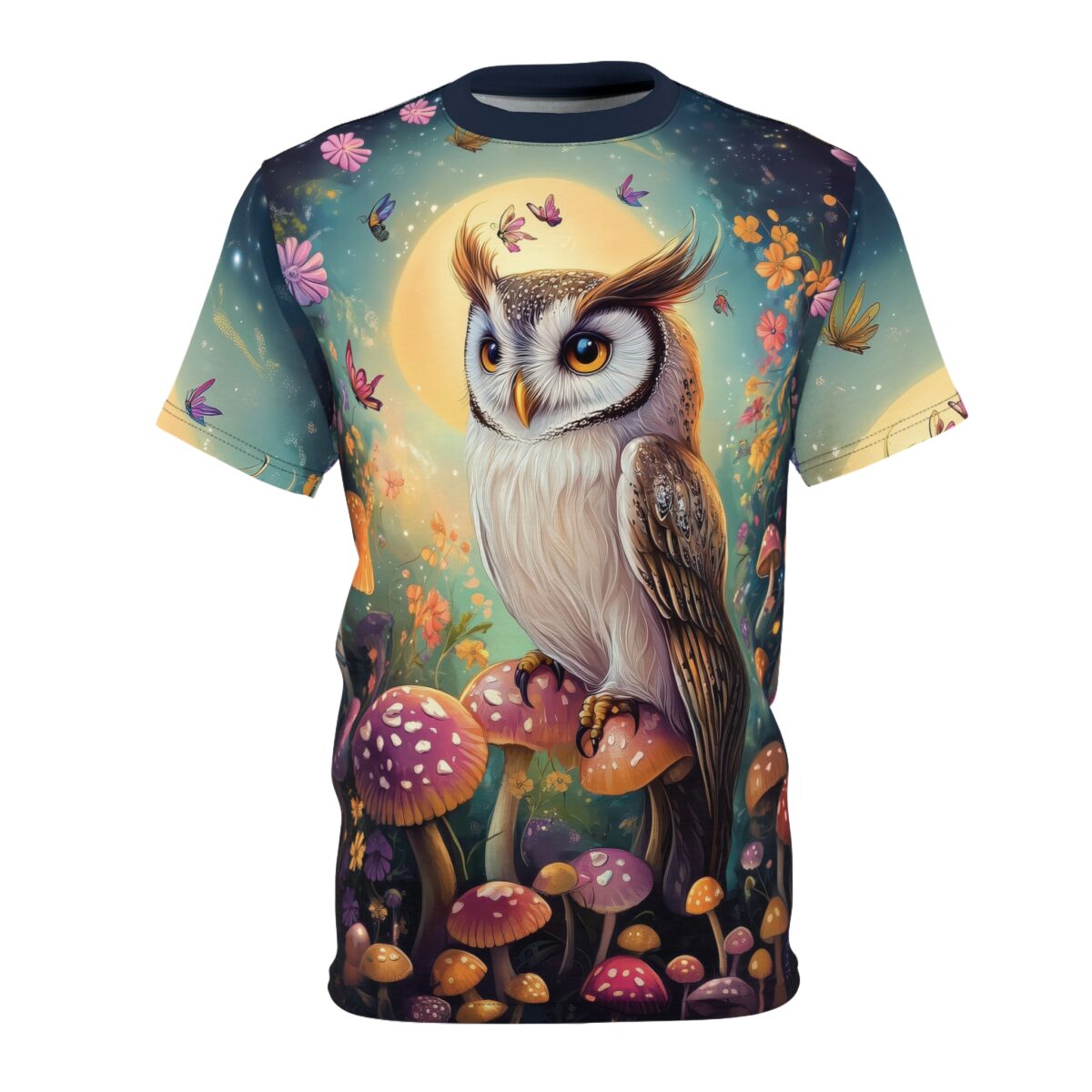 T-shirt featuring a colorful illustration of an owl perched on mushrooms under a full moon.