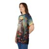 Vibrant oranges, purples, and greens cover this sublimation graphic tee, depicting a wise owl perched on mushrooms with butterflies and flowers.