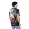 Vibrant mushrooms, a majestic owl with a floral crown, and a moonlit sky cover this all over print apparel, set in a whimsical forest.