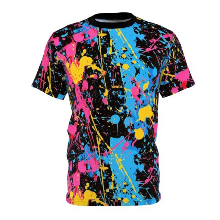 Bright pink, electric blue, and sunny yellow paint splatters and drips cover this black t-shirt, creating a chaotic yet artistic all-over print.