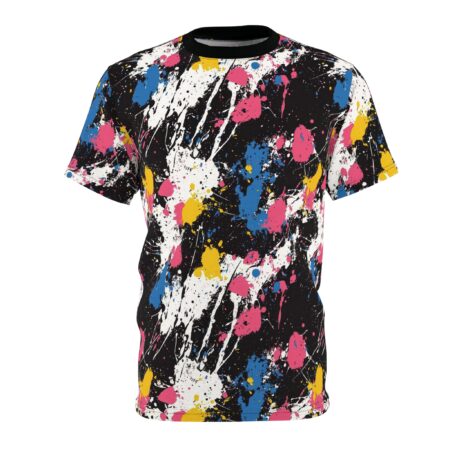 Bold pink, yellow, and blue paint splatters with white streaks cover this 3D graphic t-shirt, set against a black background.