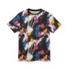 Black fabric splattered with vibrant pink, blue, and yellow paint drips and splashes, with streaks of white paint.