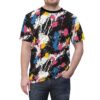 Vibrant pink, blue, yellow, white paint splatters cover this graphic streetwear tee, creating a chaotic abstract pattern.