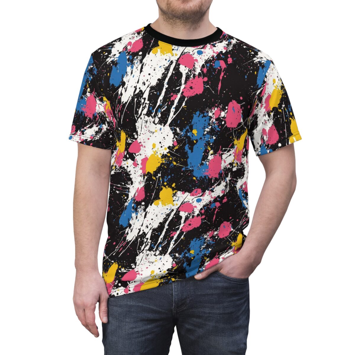Vibrant pink, blue, yellow, white paint splatters cover this graphic streetwear tee, creating a chaotic abstract pattern.