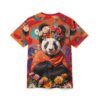 Panda wearing floral crown and orange shawl, surrounded by flowers, on an all over print sublimation tee.