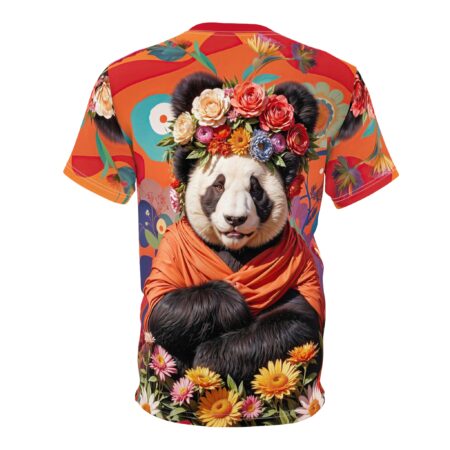 Vibrant orange and teal patterns cover this seamless pattern tee, featuring a detailed panda adorned with a floral crown and an orange wrap.
