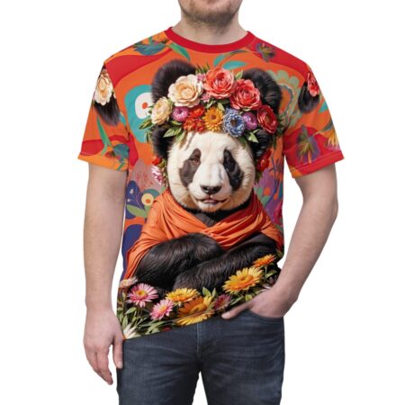 Panda with floral crown and orange scarf, all over print sublimation tee with vibrant floral background graphic.