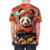 Panda wearing a vibrant floral wreath and orange robe, set against an abstract colorful background, all over print sublimation tee.