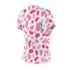 White all over print sublimation tee, irregular dark pink, light pink shapes, seamless design, soft fabric texture.