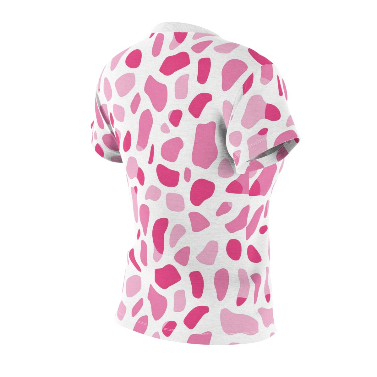 White all over print sublimation tee, irregular dark pink, light pink shapes, seamless design, soft fabric texture.