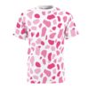 Hot pink and light pink abstract shapes cover this patterned tee shirt, creating a playful, organic design on a white background.