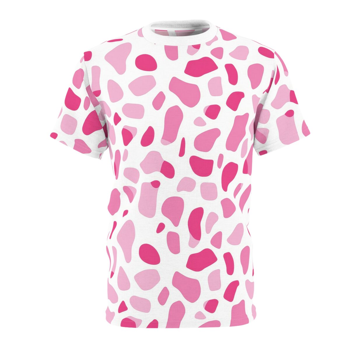 Hot pink and light pink abstract shapes cover this patterned tee shirt, creating a playful, organic design on a white background.