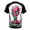 Pink alien with green eyes and tentacles, dripping slime, and a starry cosmic border adorn this tee.